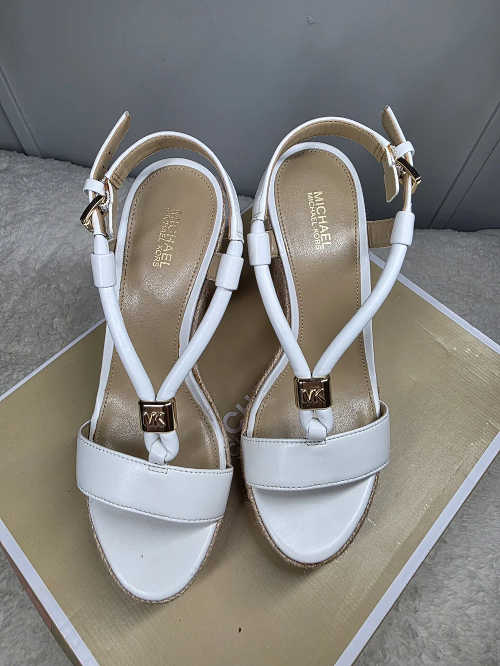 Michael Kors White Leather T-Strap Wedge Sandals with Gold Accents